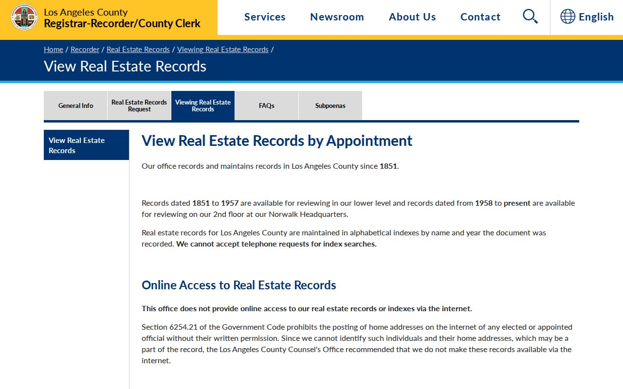 Beverly Hills street directory deed index viewing instructions